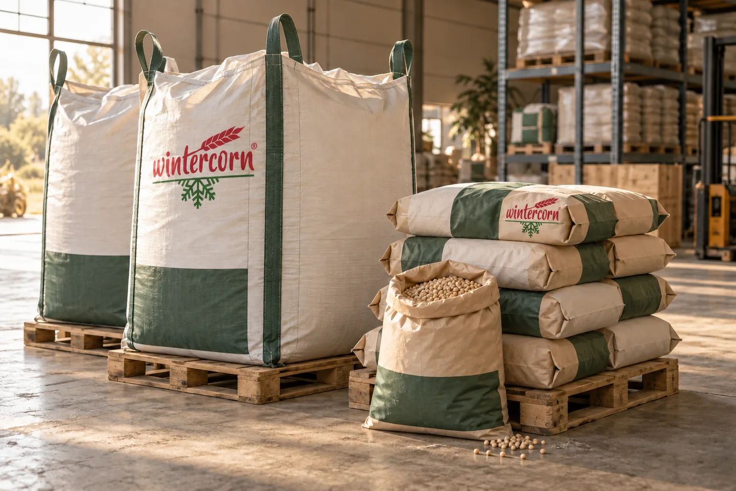 Visualisierung gebrandeter Wintercorn Big Bags und Papiersäcke auf Paletten